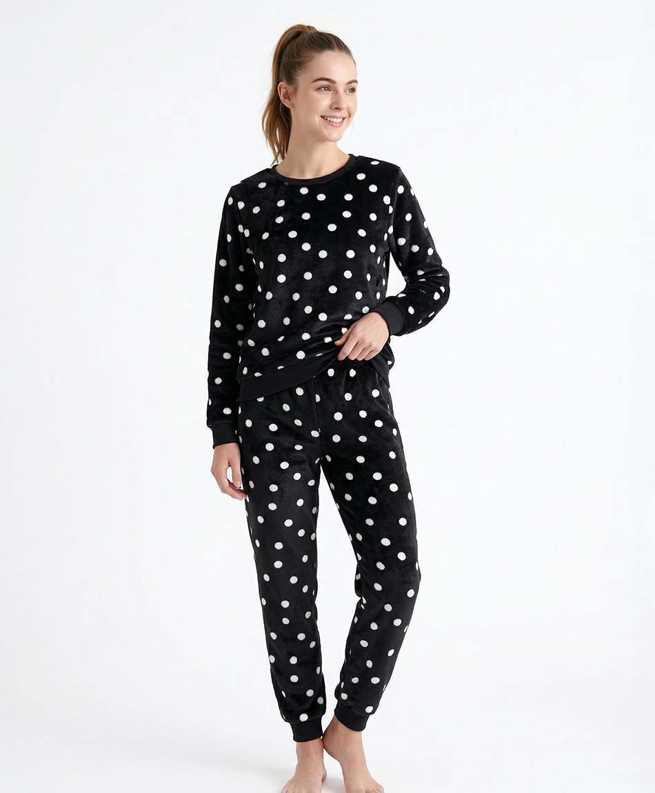 Pijama mujer coral lunares blancos