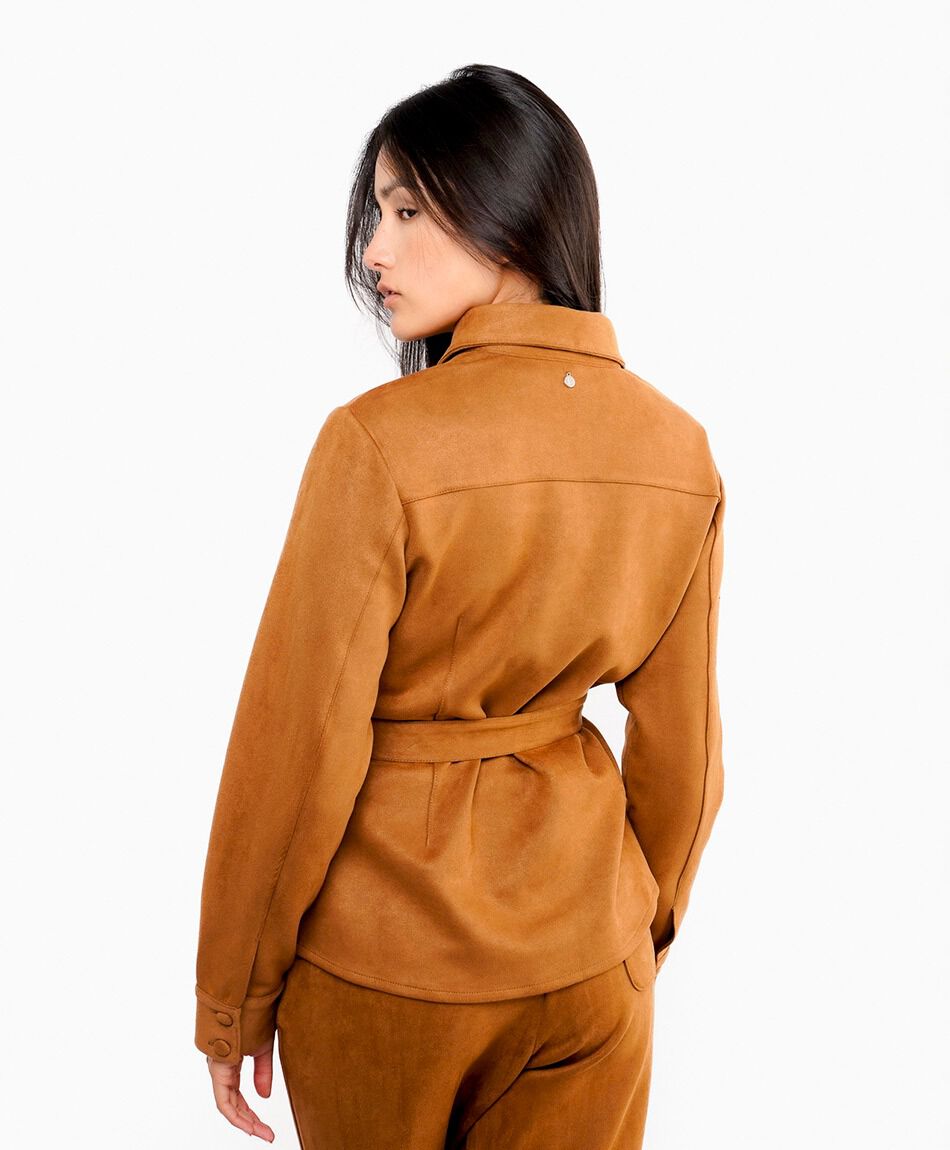 Chaqueta mujer lazo acinturado caf&eacute;