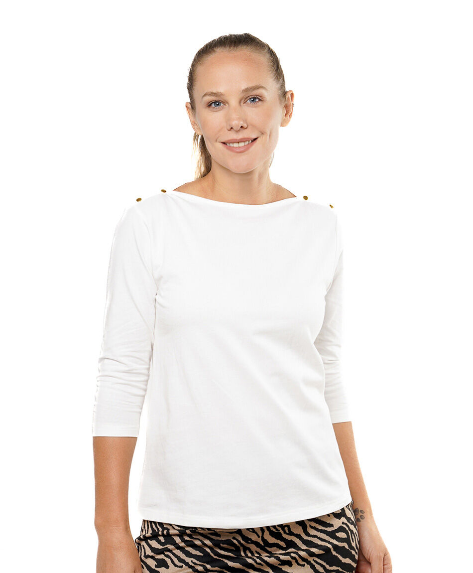 Remera mujer cuello bote botones blanca