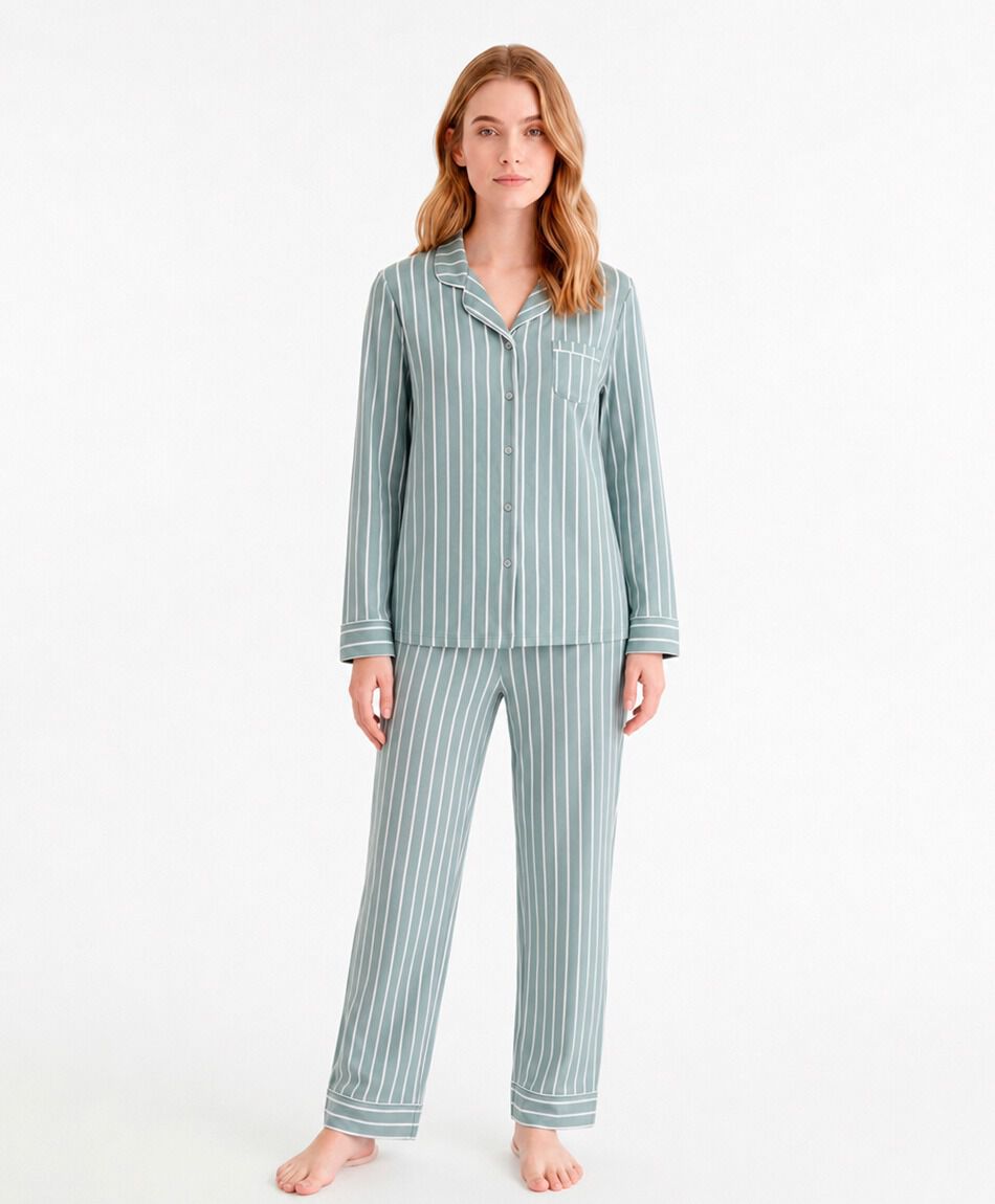 Pijama mujer camisero verde l&iacute;neas