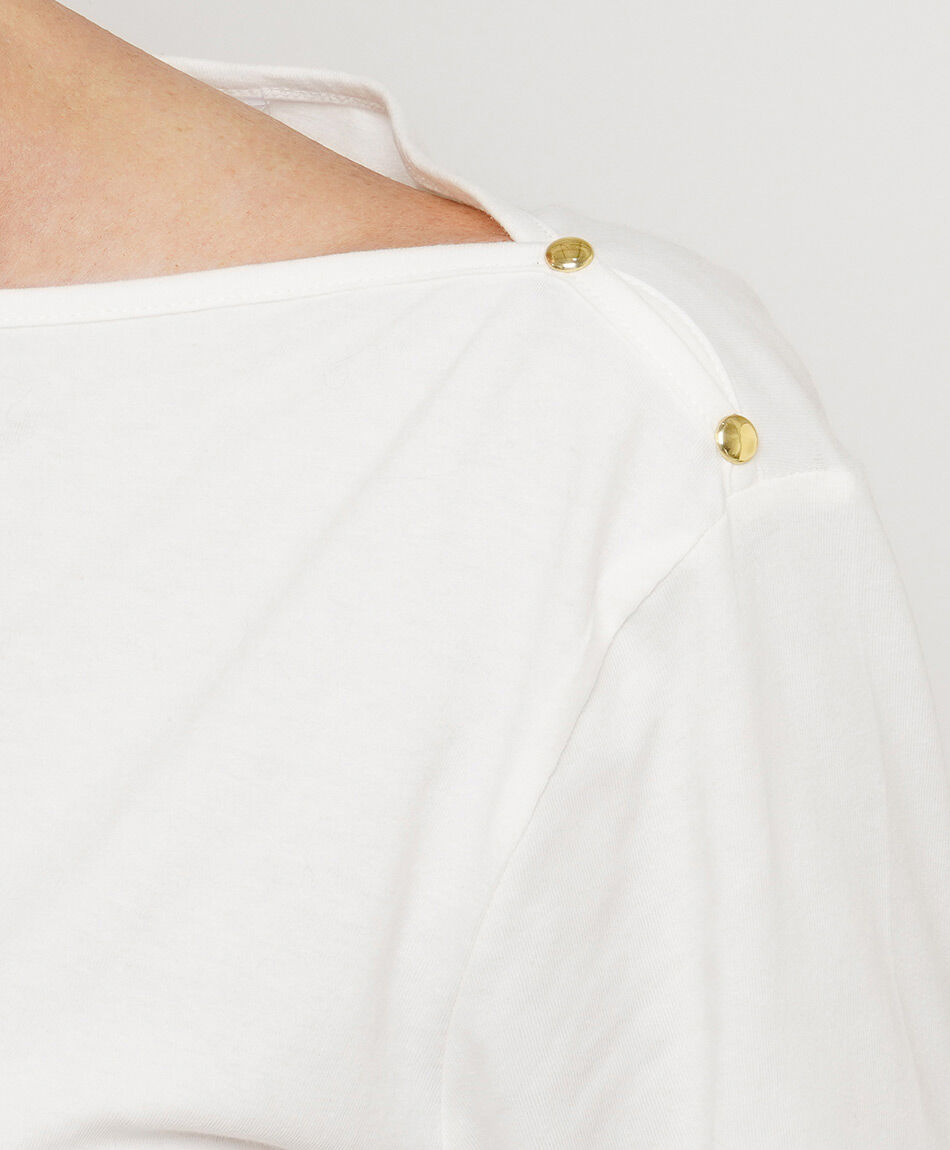 Remera mujer cuello bote botones blanca