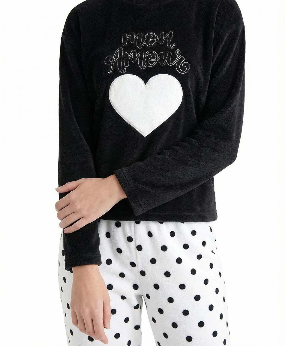 Pijama mujer coral coraz&oacute;n lunares