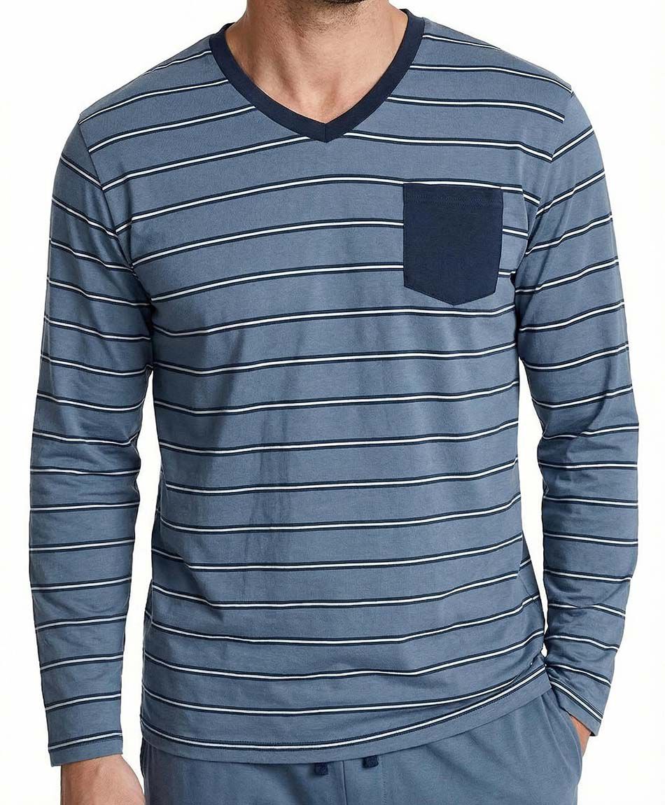 Pijama hombre cuello v l&iacute;neas blue