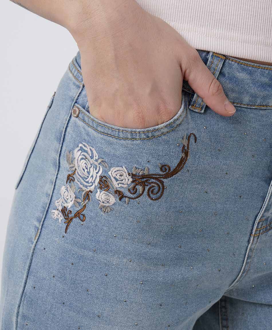 Jeans mujer straight flores brillos