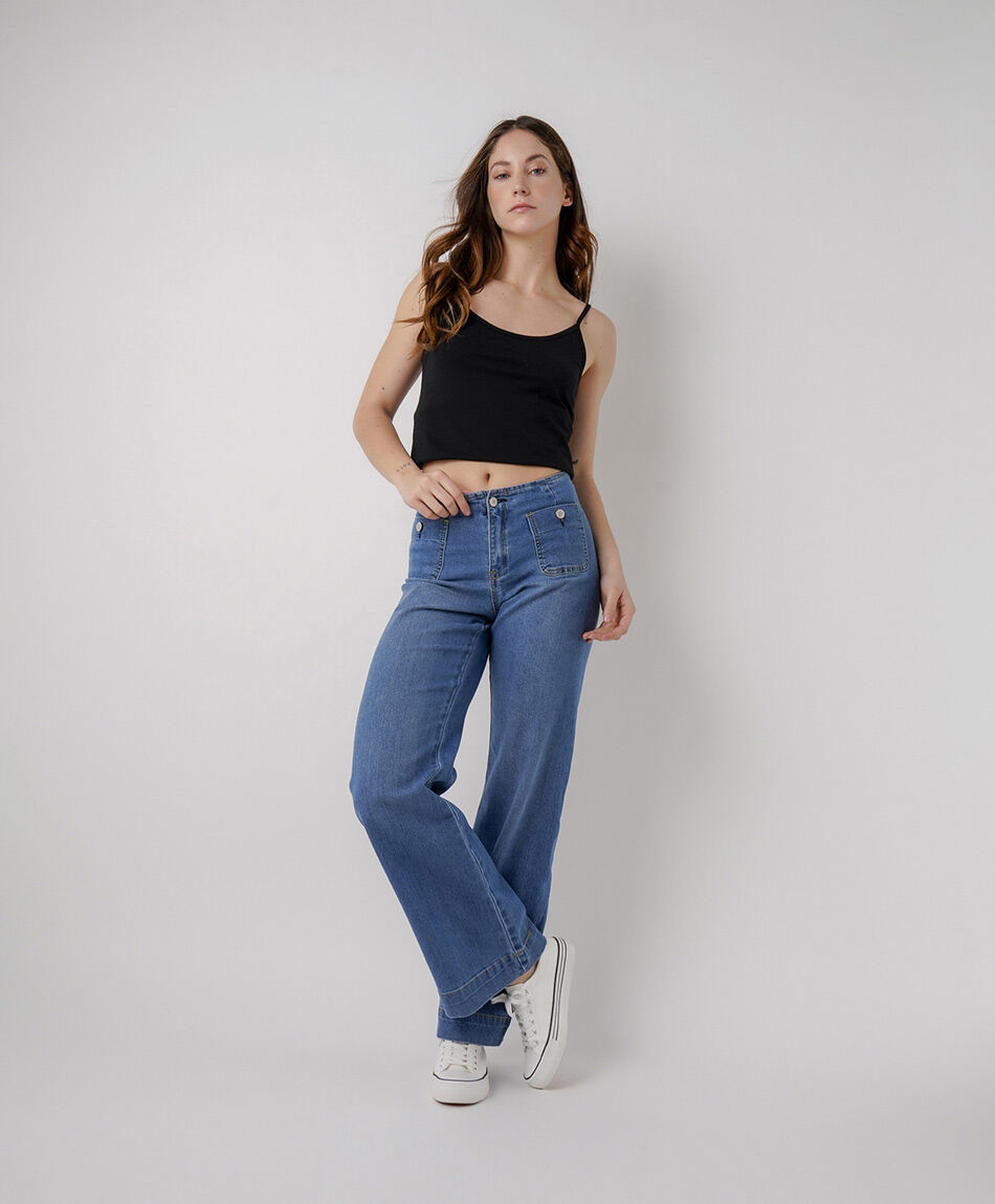 Jeans mujer wide leg bolsillo botones