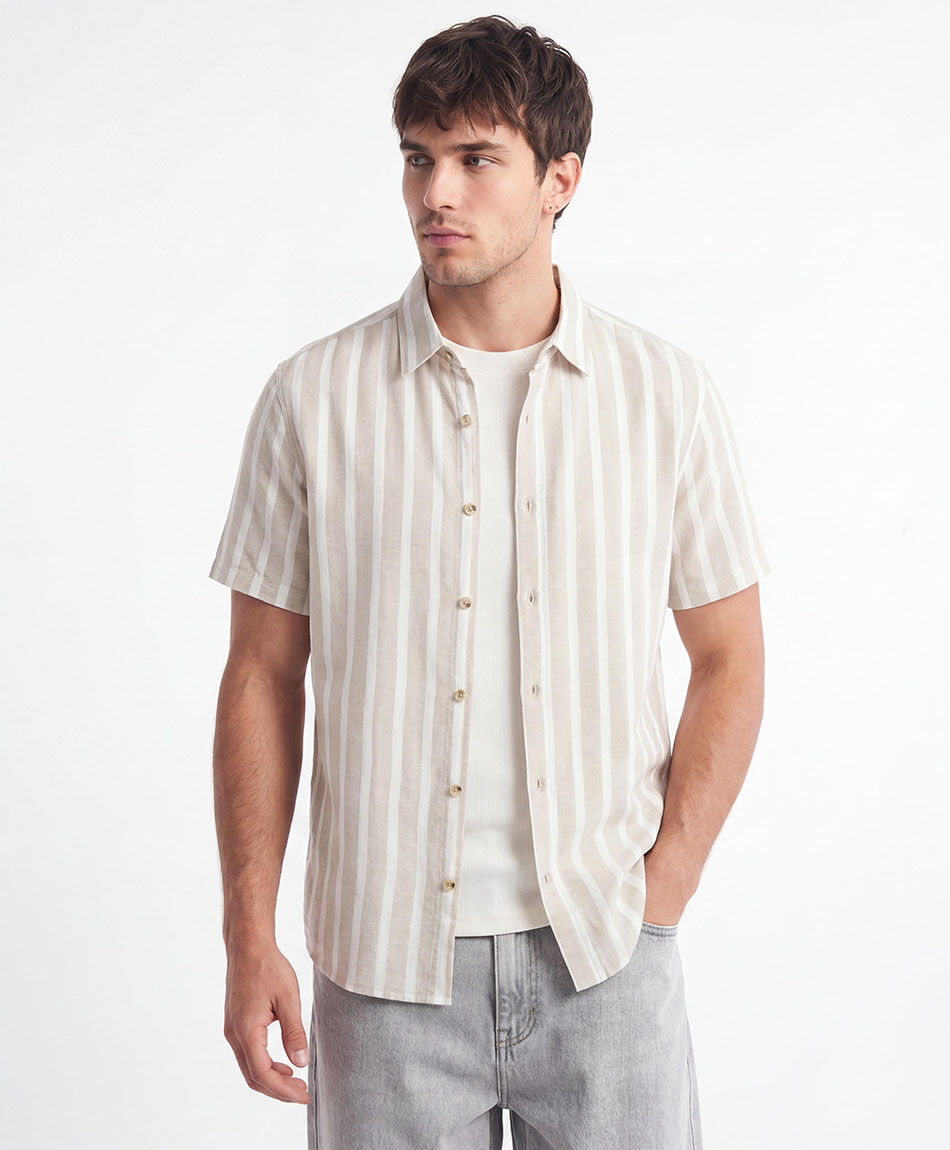 Camisa hombre l&iacute;neas lino beige