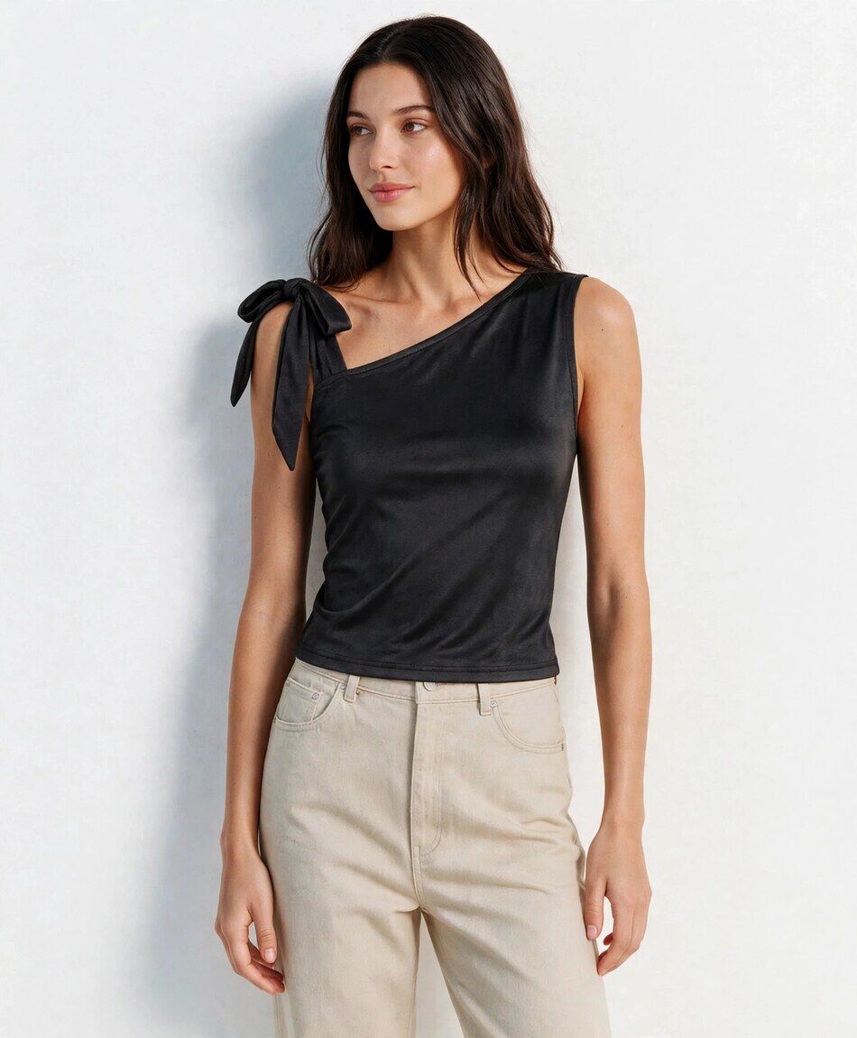Remera mujer asimetrica lazo negra