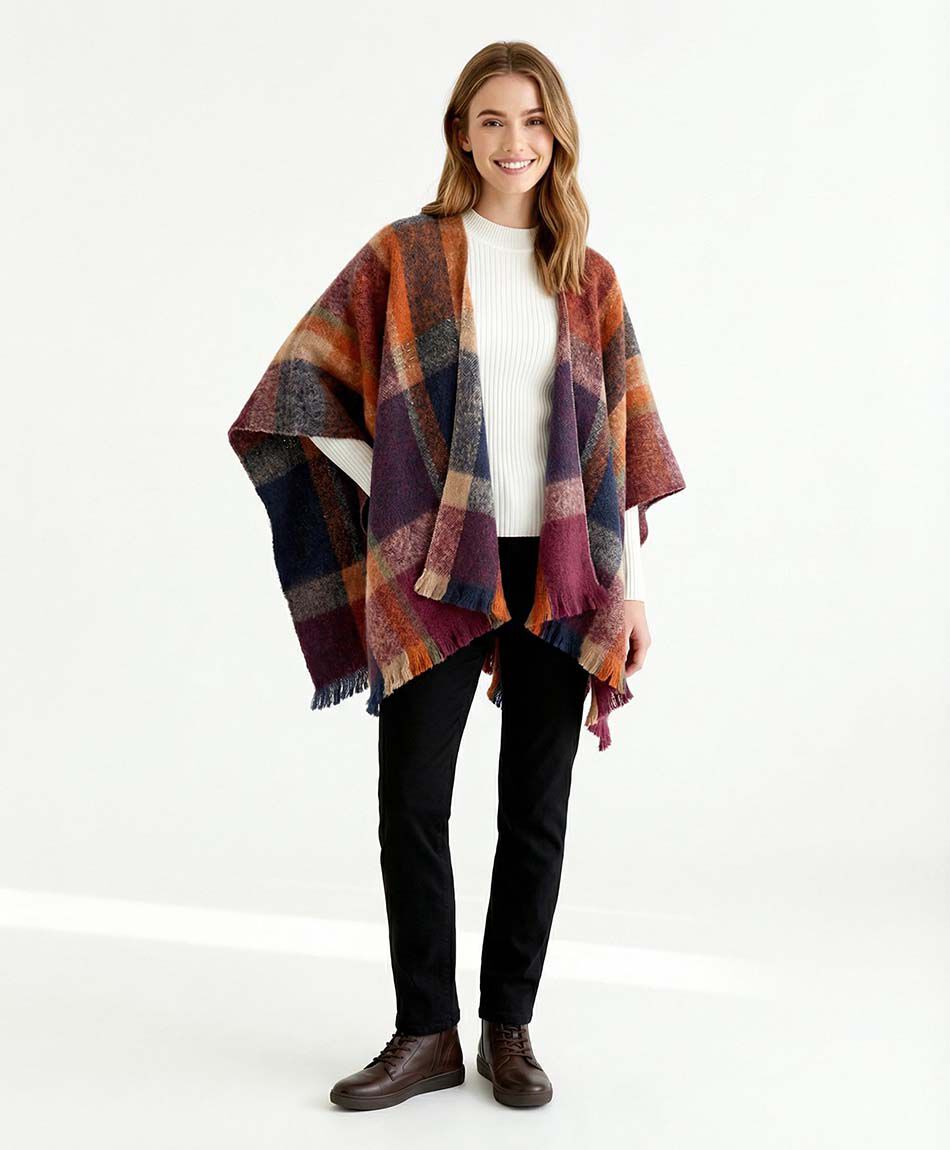 Poncho mujer cuadros orange