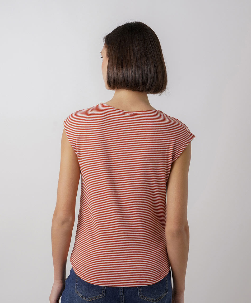 Remera mujer listada manga mini roja