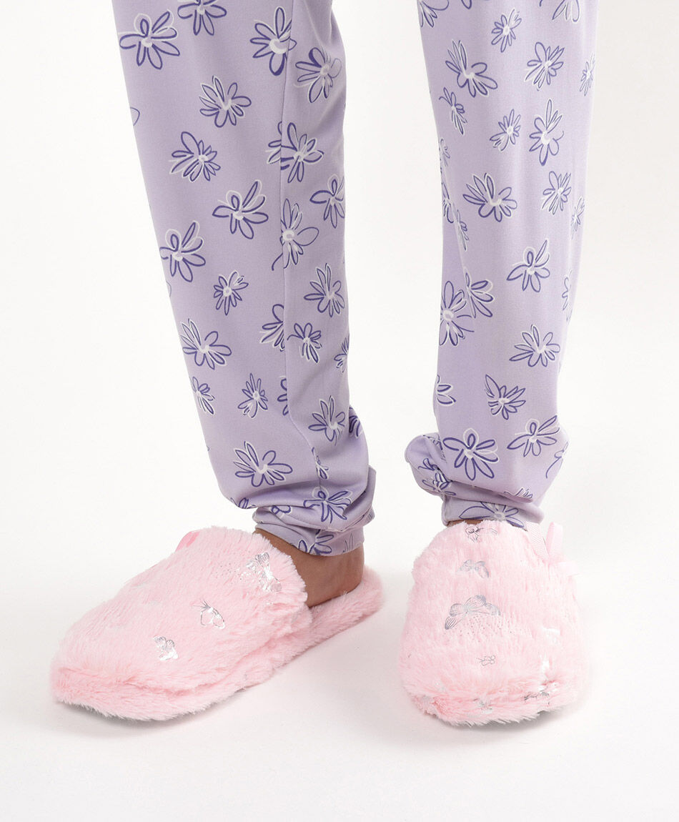 Pantufla mujer brillos mariposas rosada