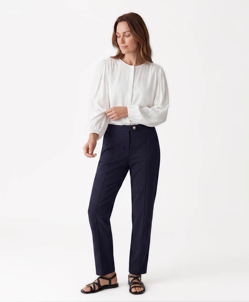 Pantal&oacute;n mujer azul detalle dorado