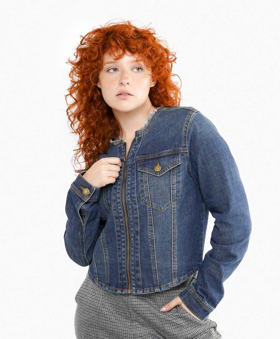 Campera mujer denim sin cuello