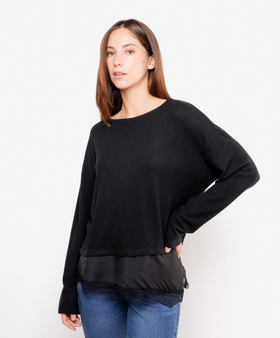 Remera mujer detalle basta encaje negra