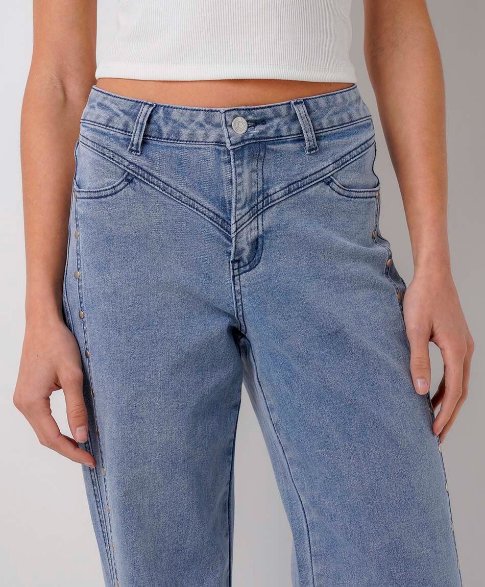 Jeans mujer wide leg tachas laterales