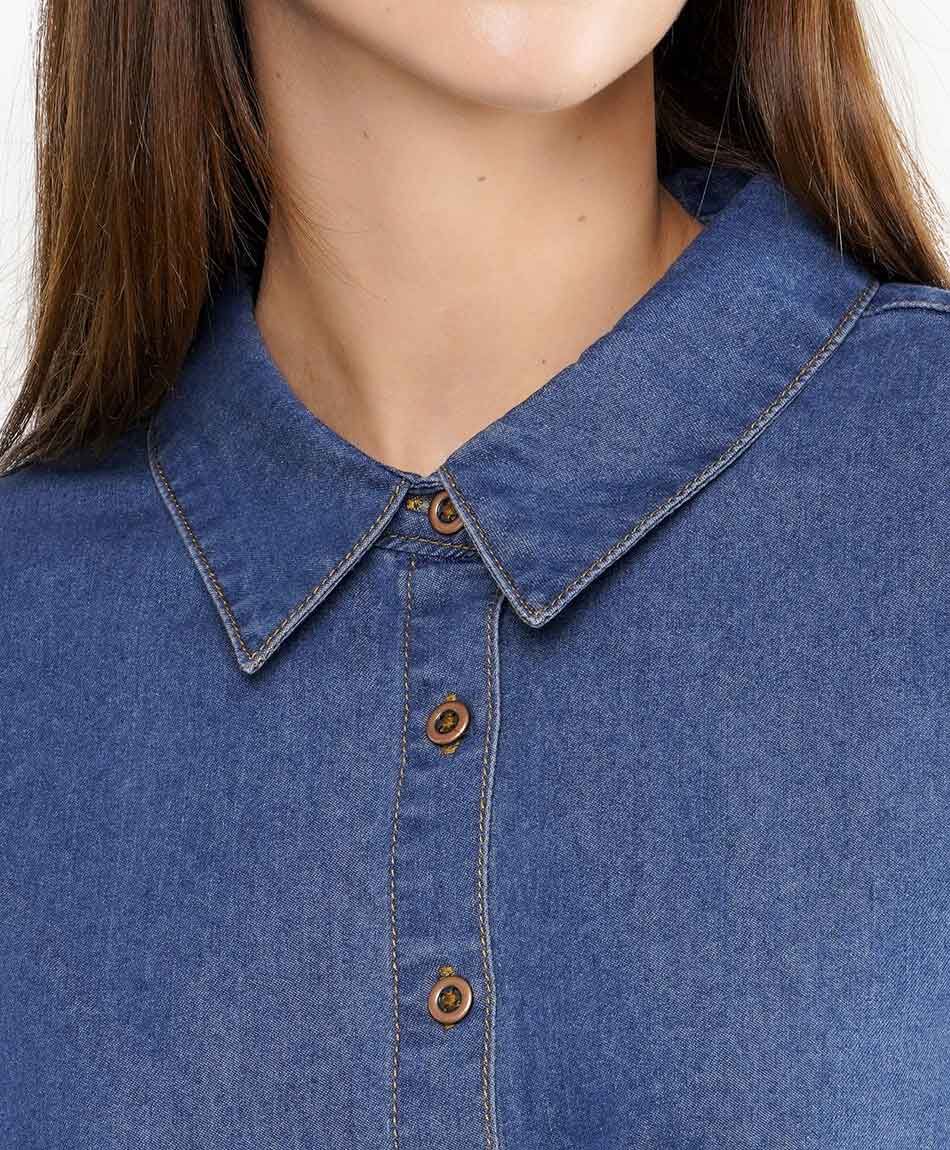 Camisa mujer denim broche caf&eacute;