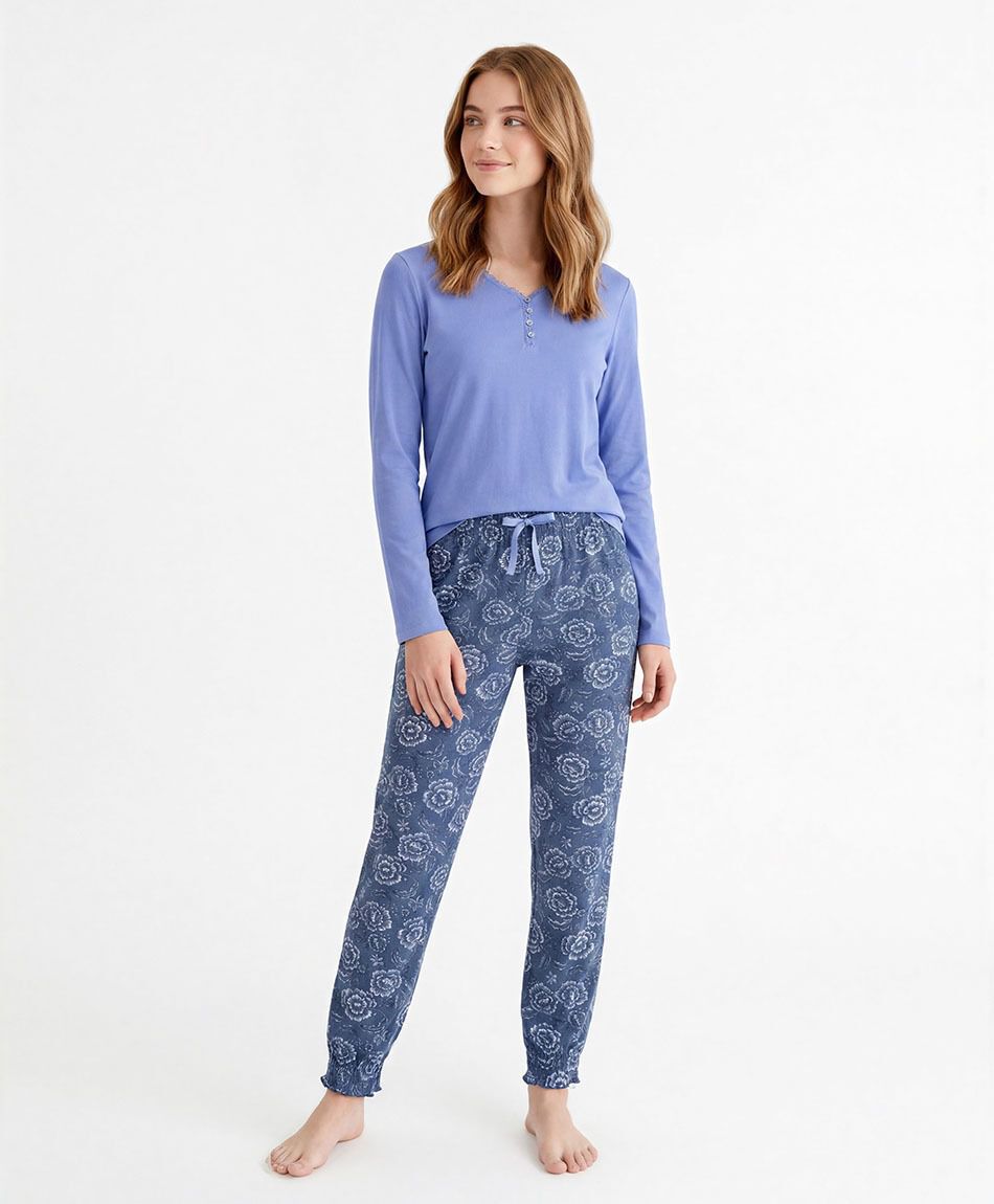 Pijama mujer pantal&oacute;n floreado azul