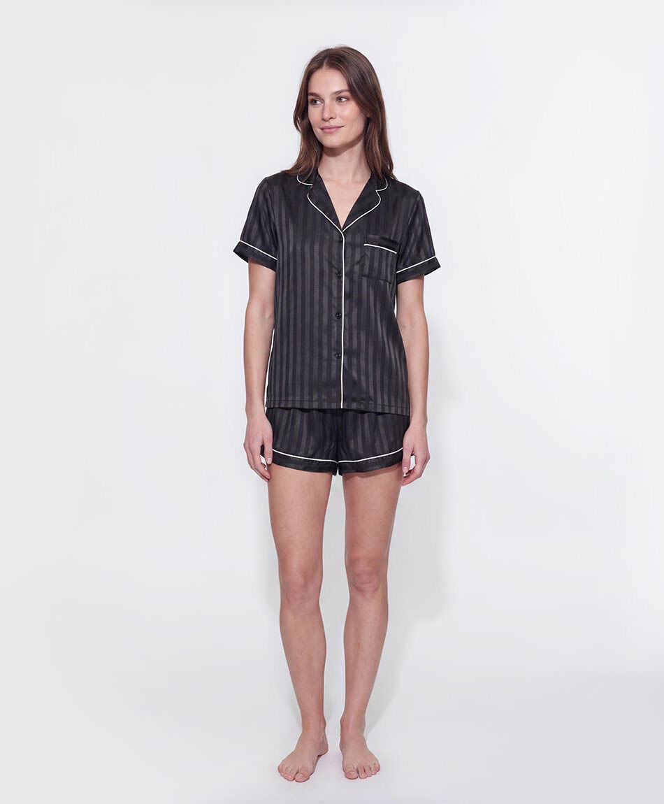 Pijama mujer camisero  sat&iacute;n rayas negro