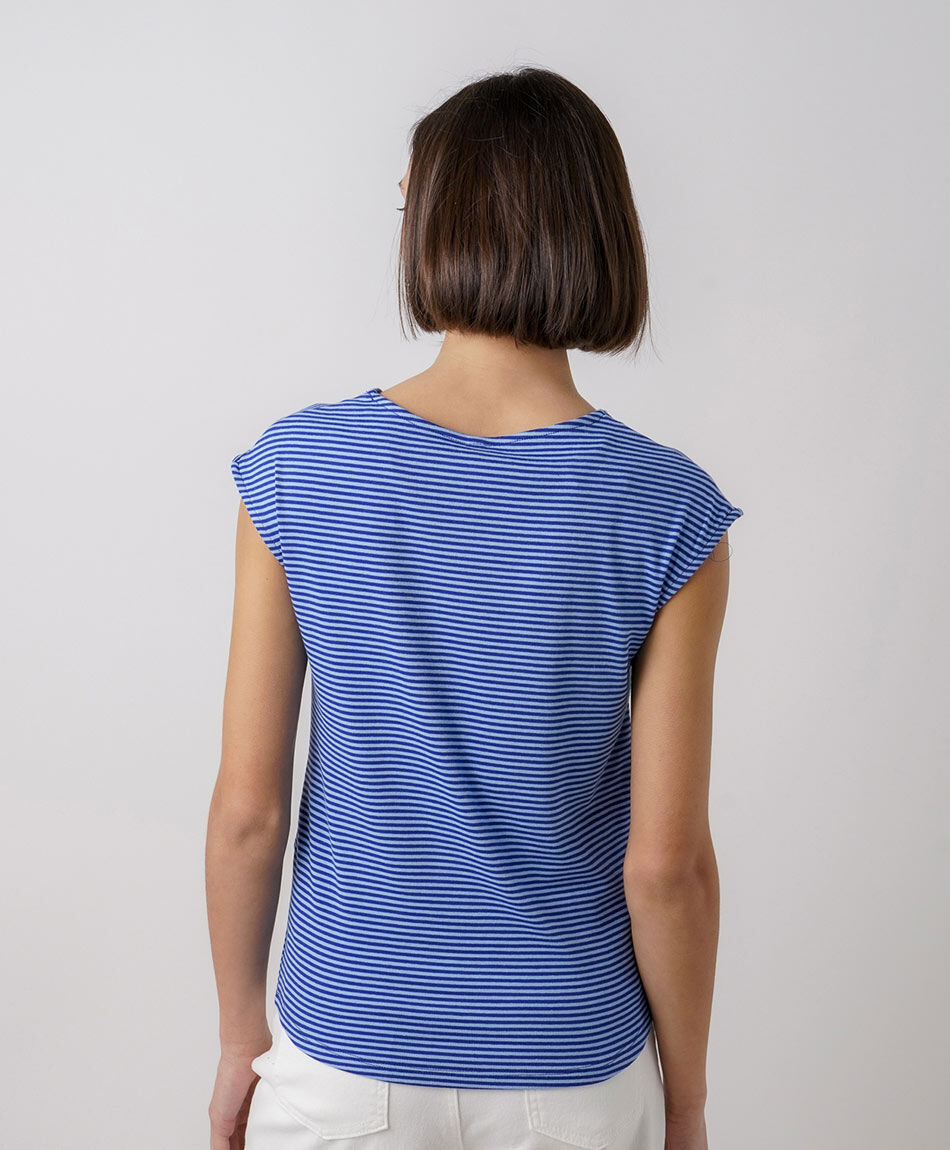 Remera mujer listada manga mini azul
