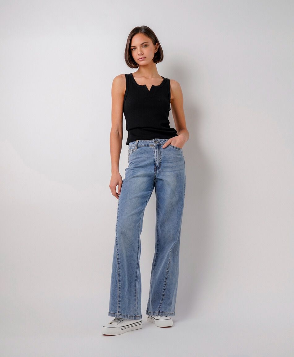 Jeans mujer wide leg estrella met&aacute;lica