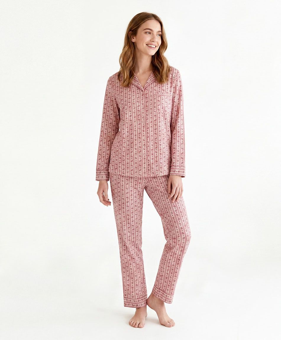 Pijama mujer camisero floreado rosado