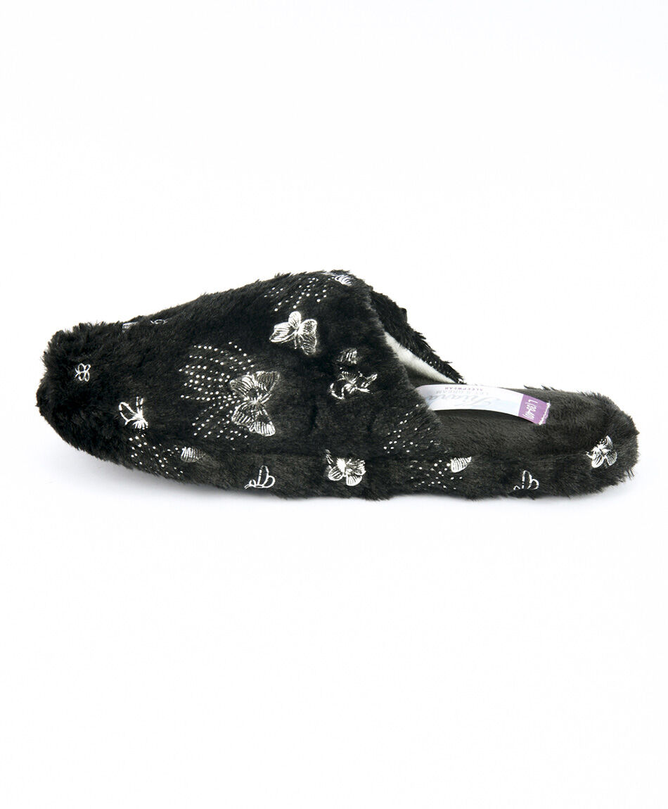 Pantufla mujer brillos mariposas negra