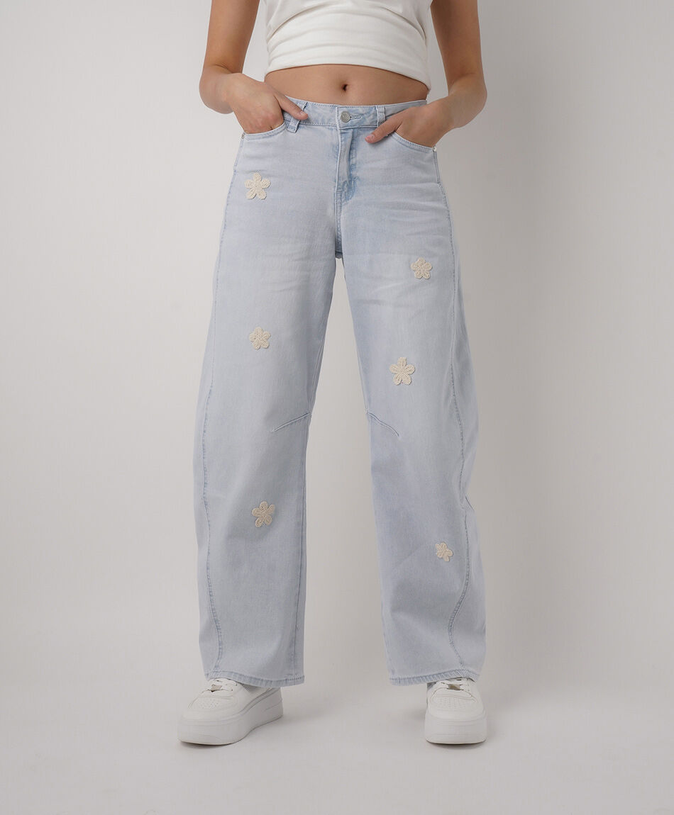 Jeans mujer wide leg flores crochet