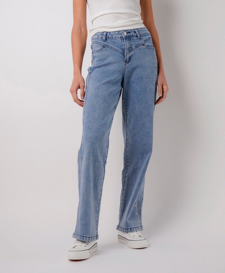 Jeans mujer wide leg tachas laterales
