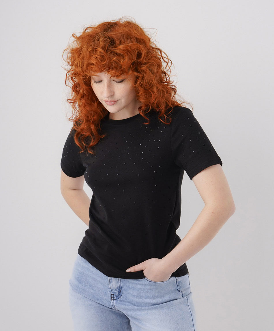 Remera mujer brillos negra
