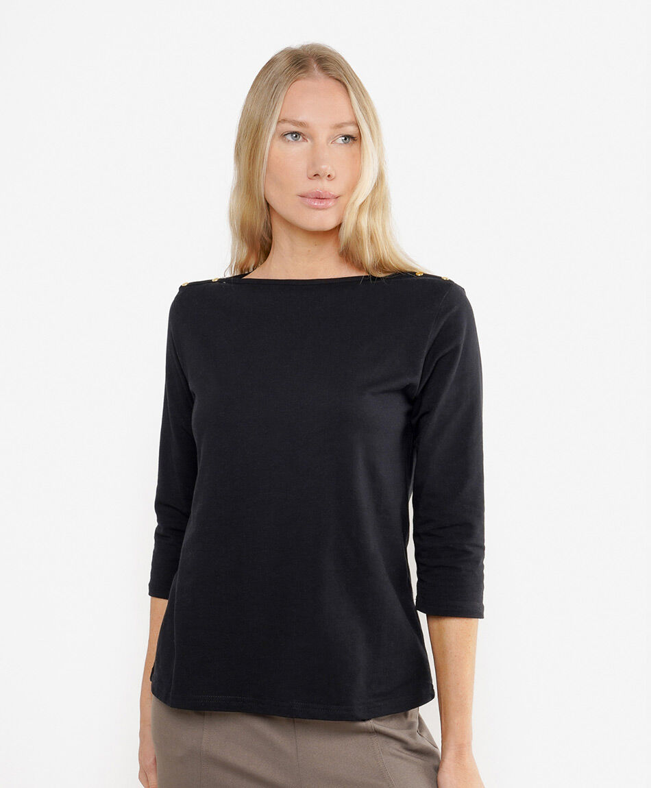 Remera mujer cuello bote botones negra