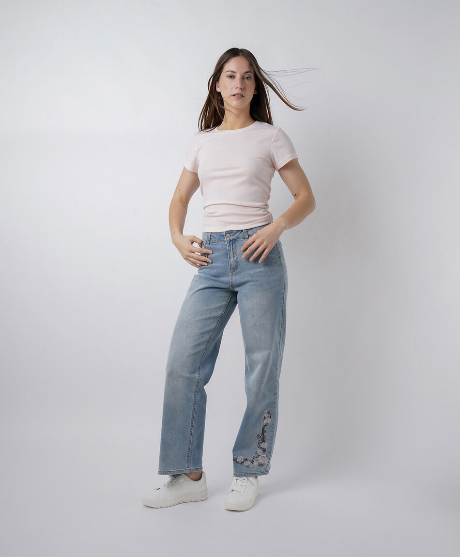 Jeans mujer straight flores brillos