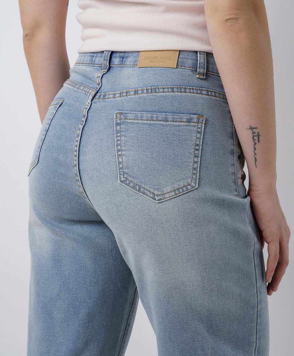 Jeans mujer straight flores brillos