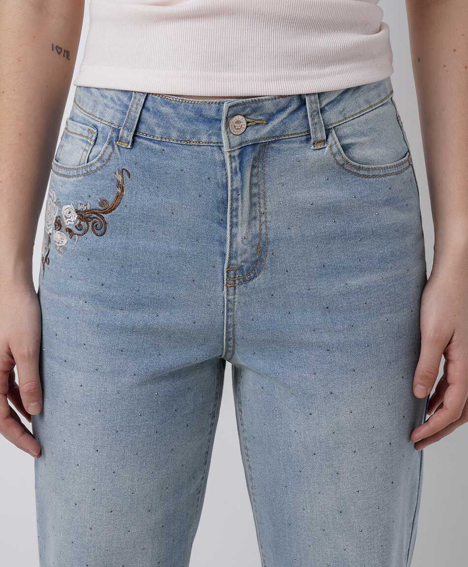Jeans mujer straight flores brillos