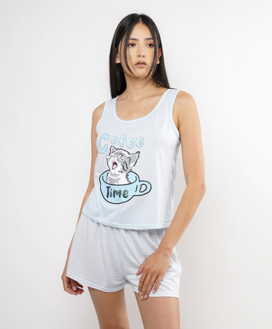 Pijama mujer short caf&eacute; gato