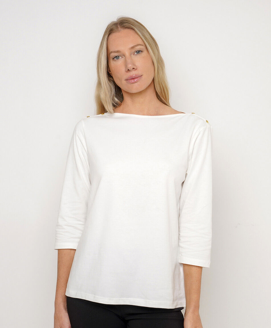 Remera mujer cuello bote botones blanca