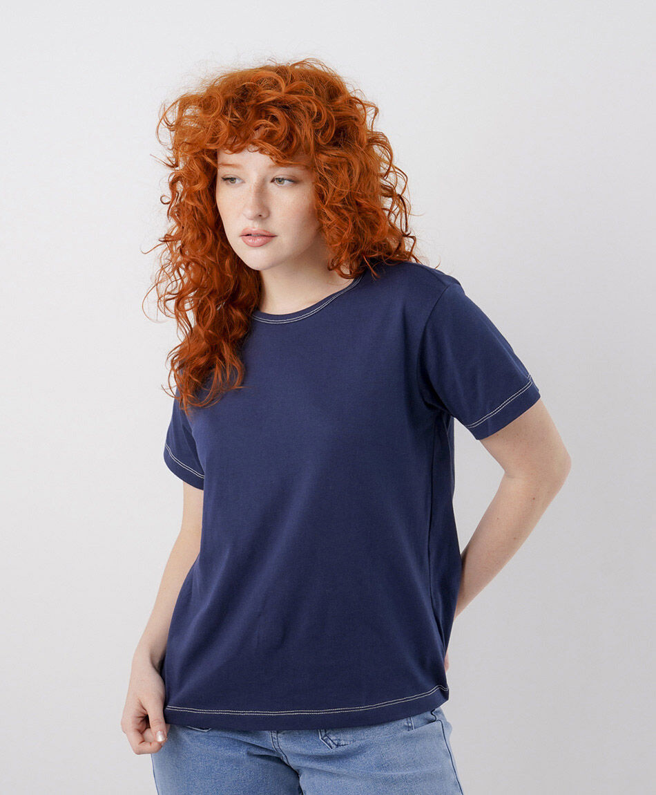 Remera mujer azul l&iacute;neas mangas