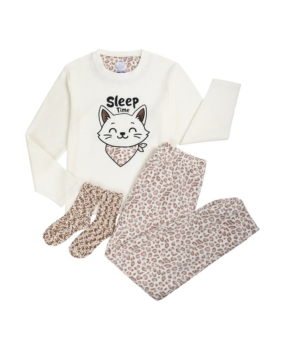 Pack pijama + calcetines mujer polar cat