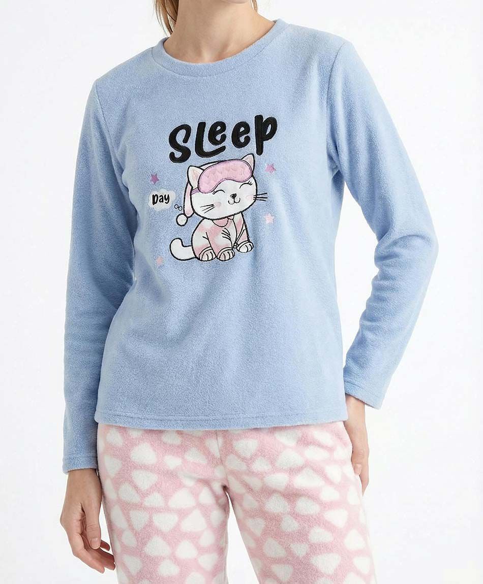 Pijama mujer polar gatito y nubes