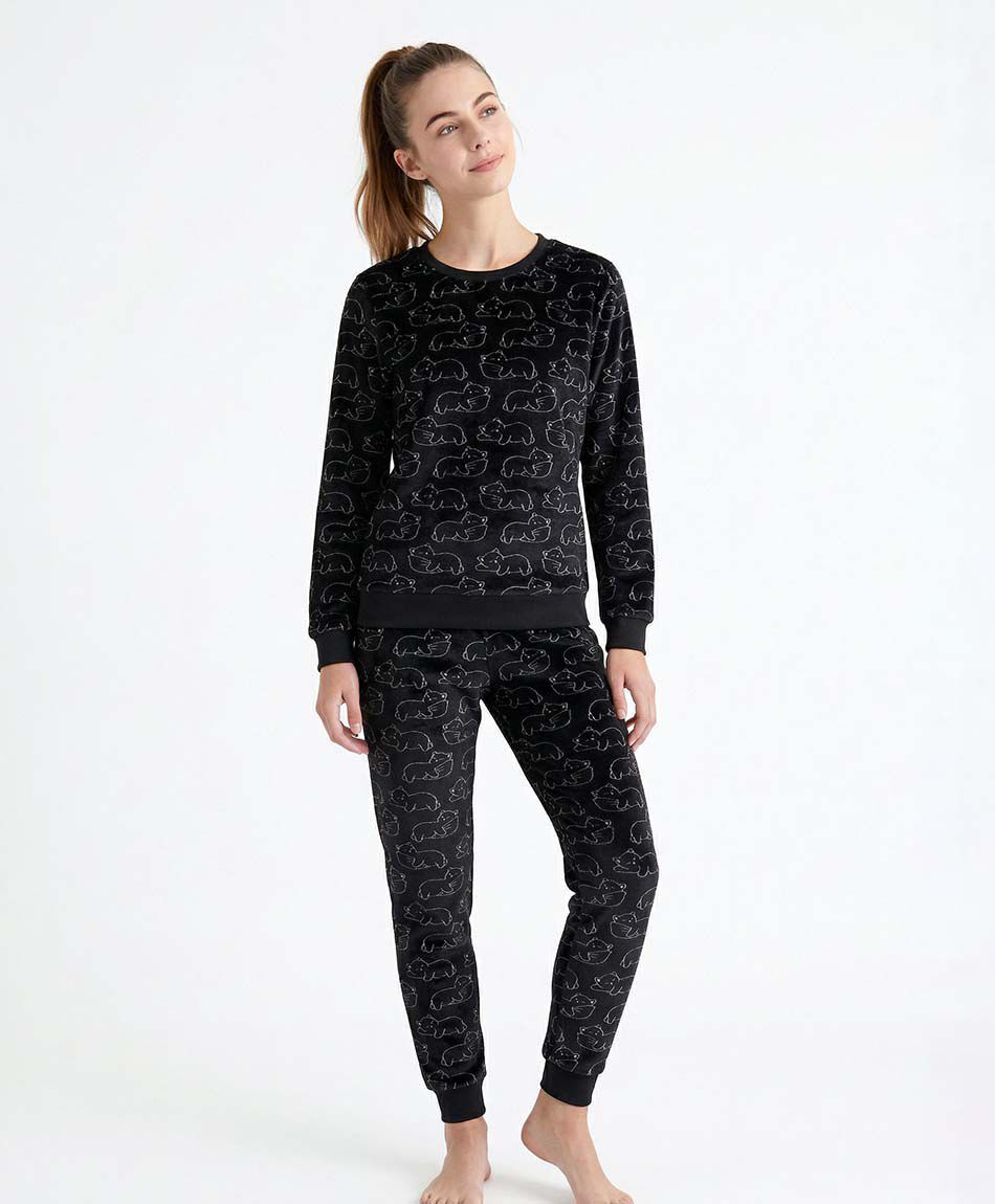 Pijama mujer coral gatitos black