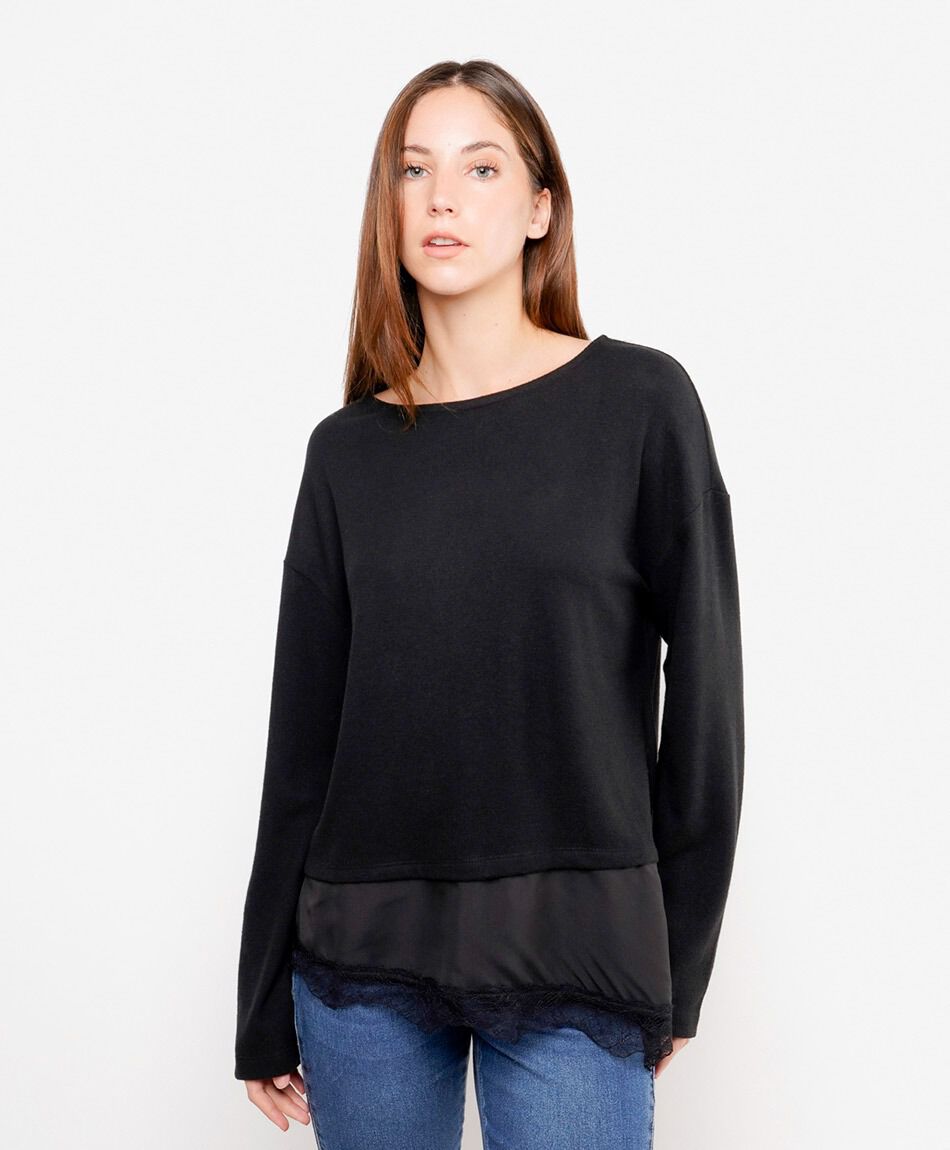 Remera mujer detalle basta encaje negra