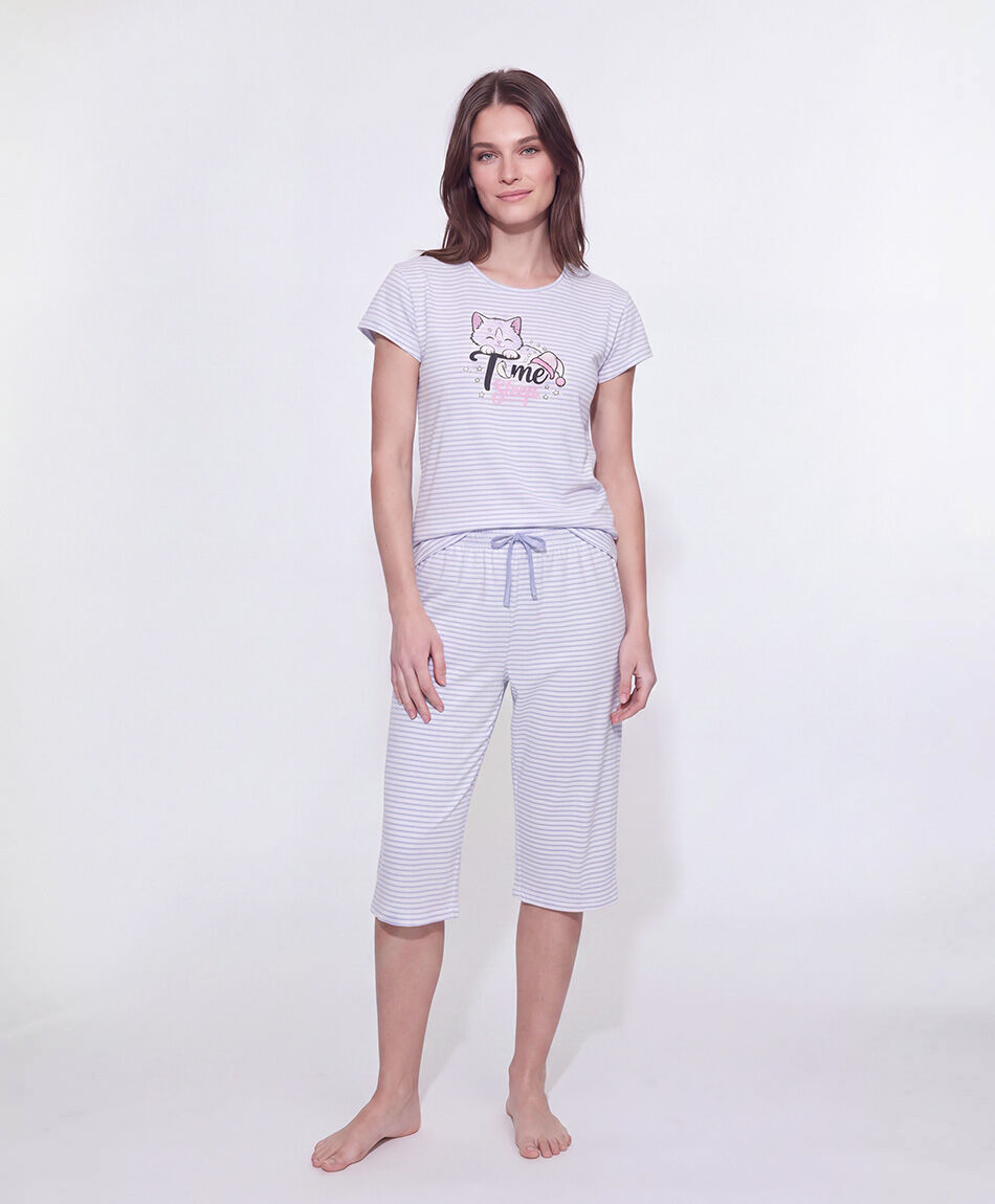 Pijama mujer capri l&iacute;neas gatito