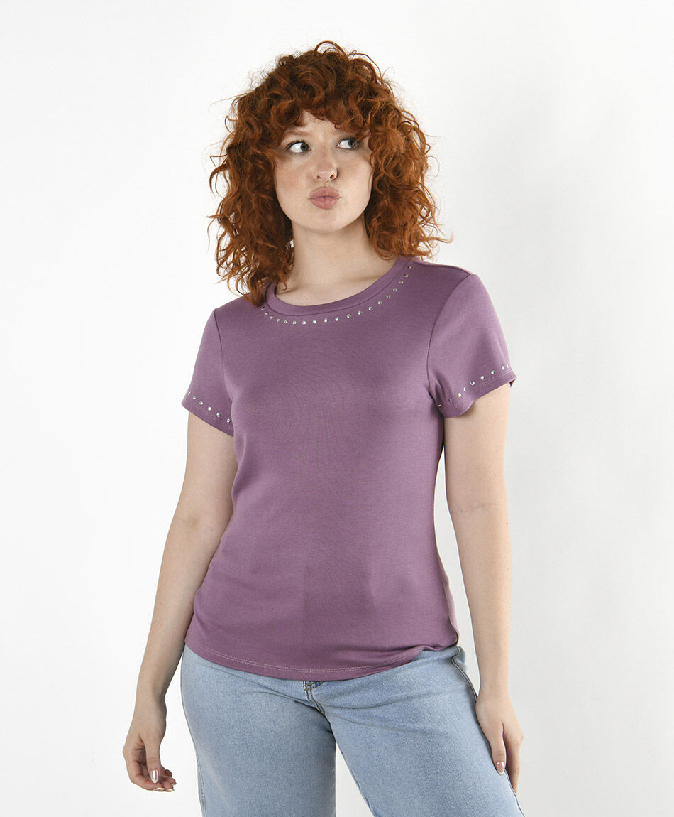 Polera mujer lisa brillos ajustada morada