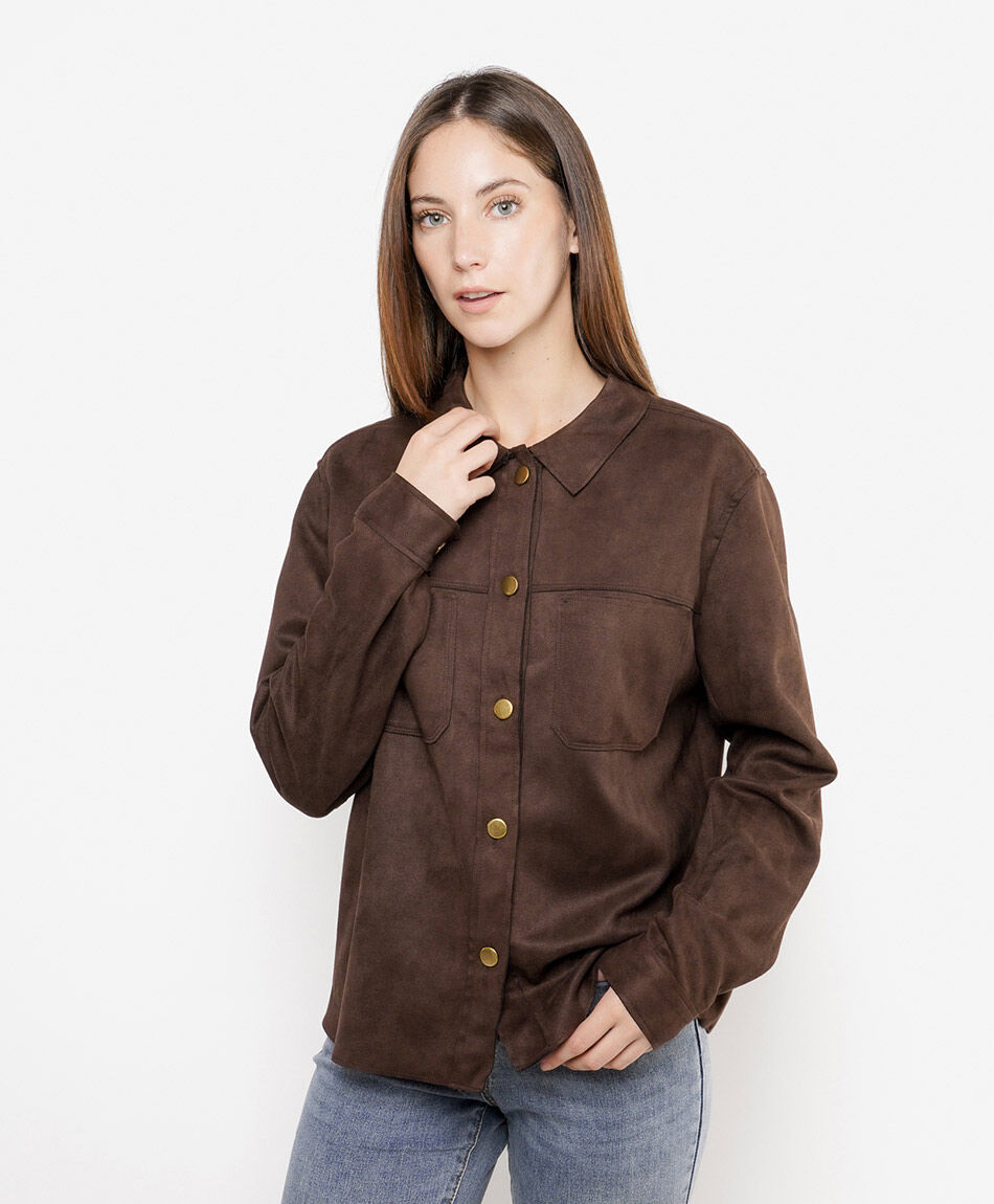 Campera mujer suede botones caf&eacute;