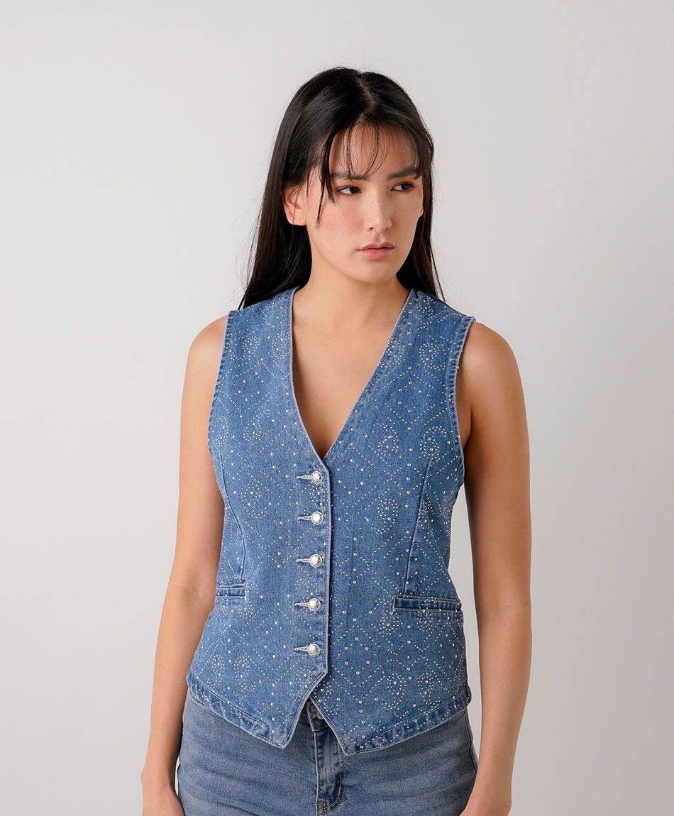 Chaleco mujer denim brillos
