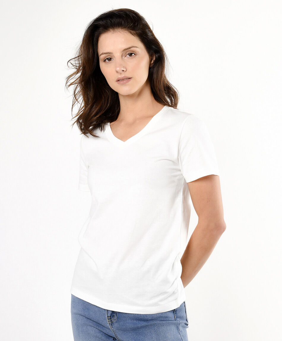 Remera mujer b&aacute;sica blanca cuello en v