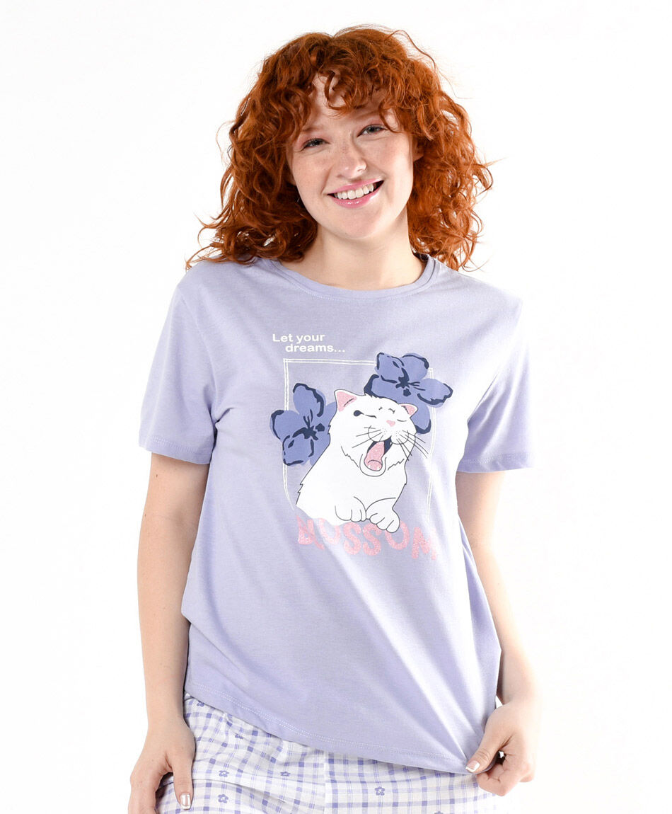 Pijama mujer gato y flores short - TRICOT
