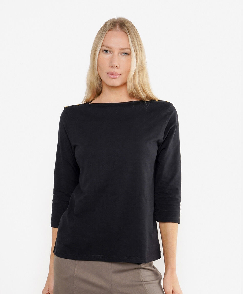 Remera mujer cuello bote botones negra