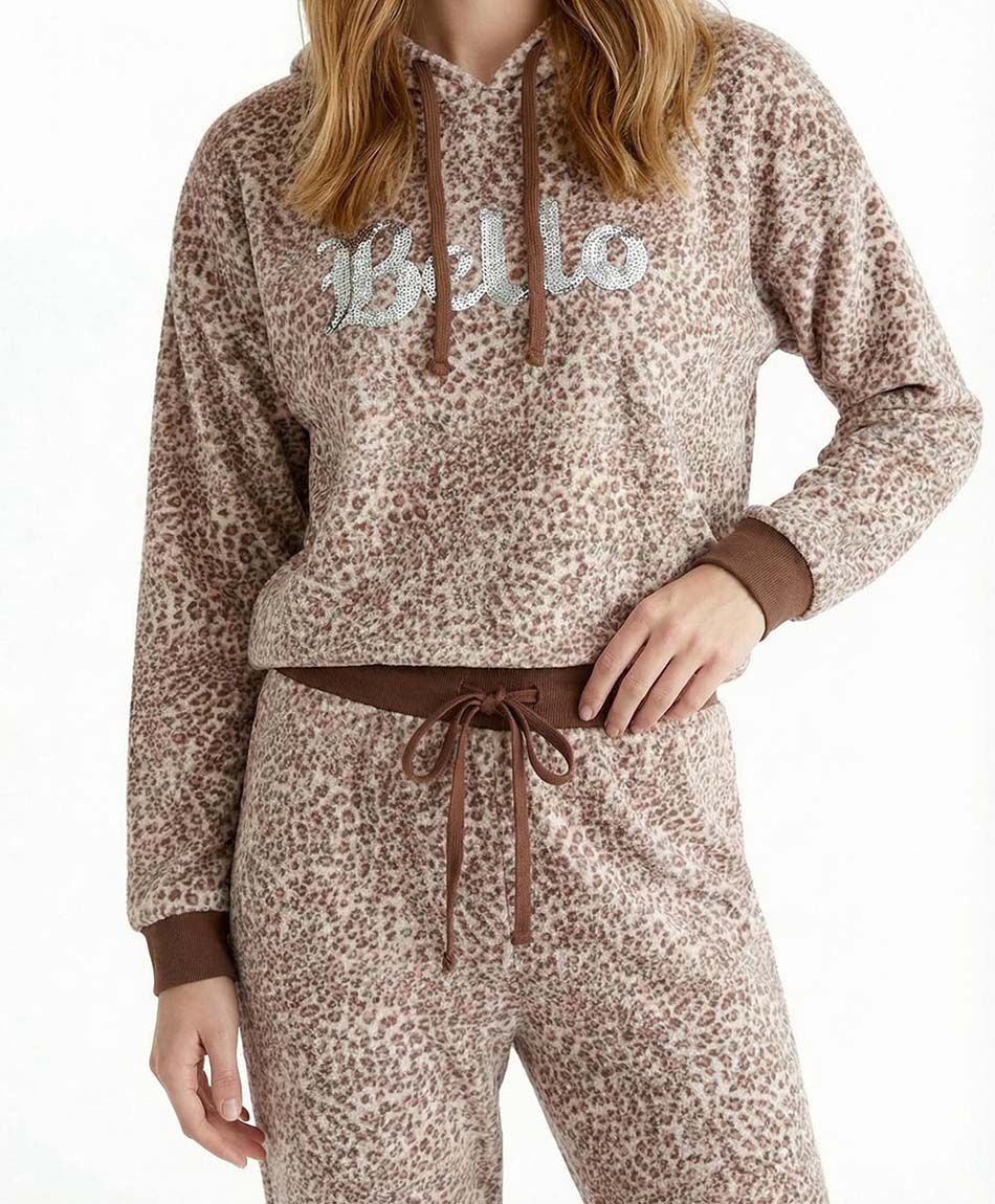 Pijama mujer coral animal print gorro