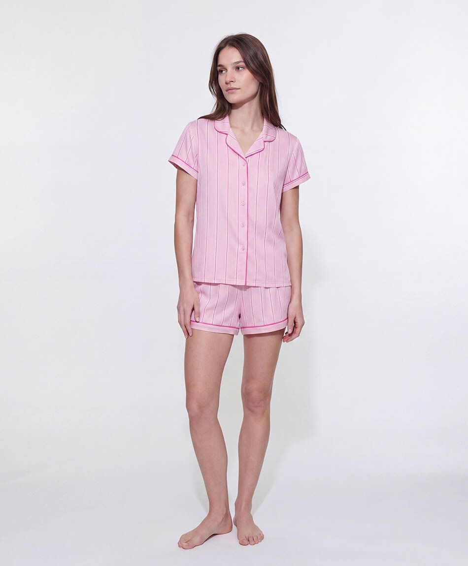 Pijama mujer camisero rayas piping rosado
