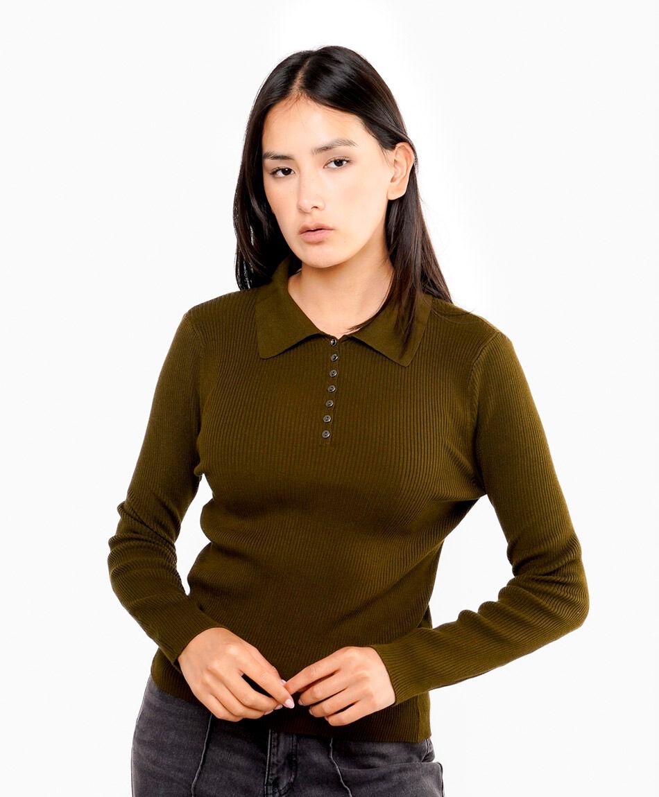 Sweater mujer cuello polo verde