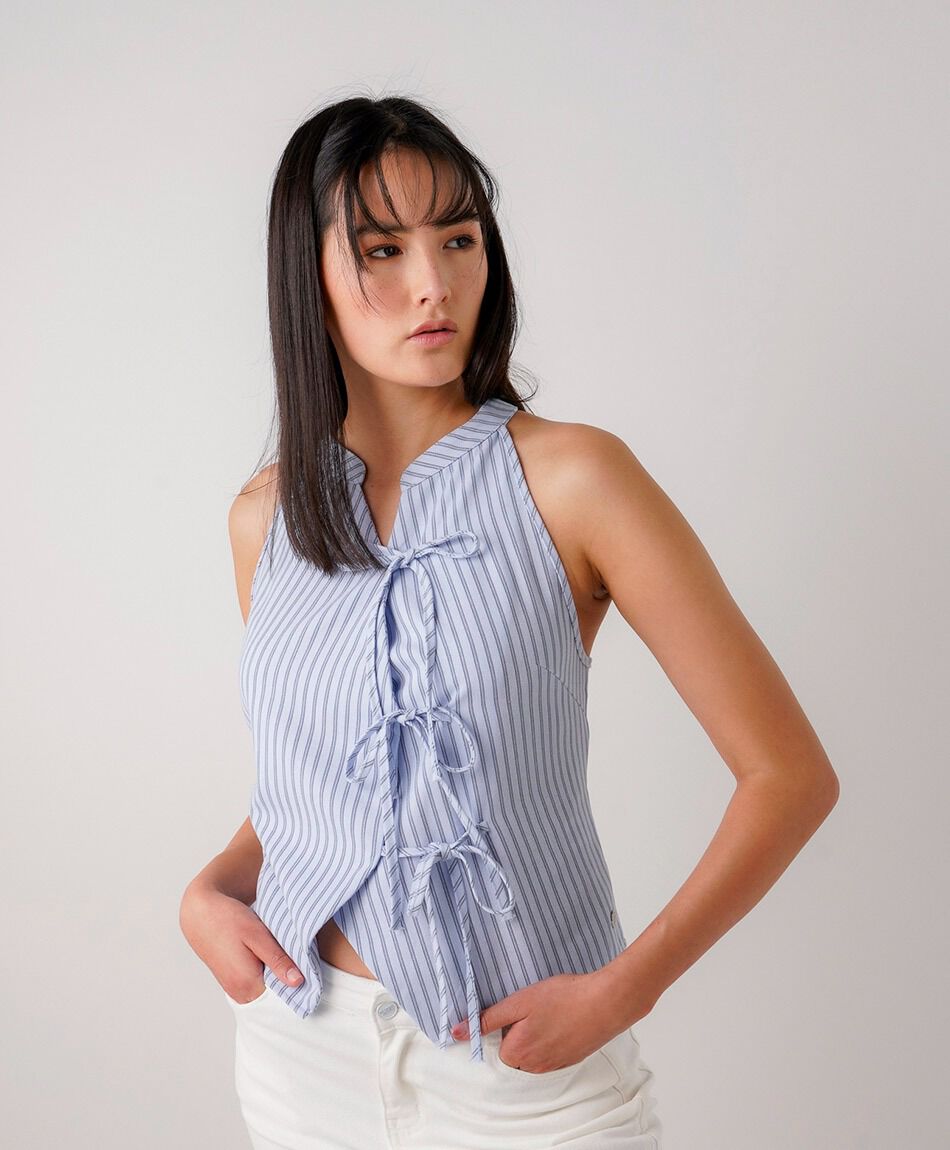 Camisa mujer amarras rayas lino